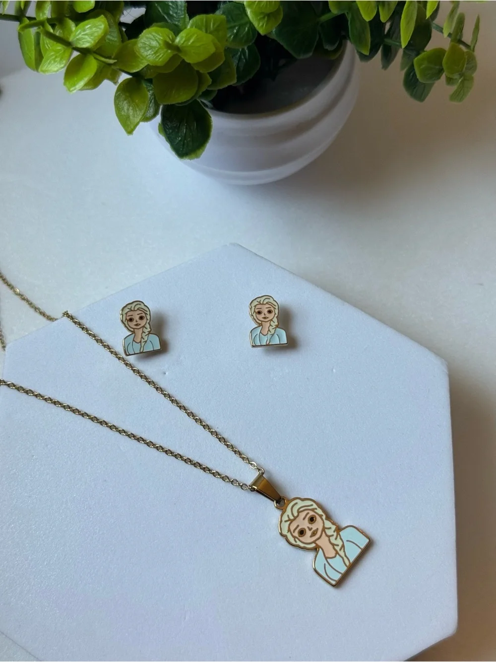 Gold Enamel Cartoon Girl Necklace & Studs - Light Blue